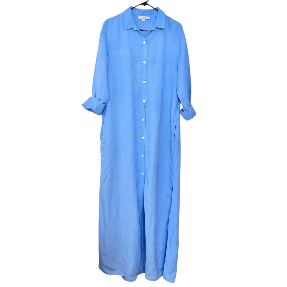 LOFT Rory Linen Blend Pocket Maxi Shirtdress in Maui Blue Size L